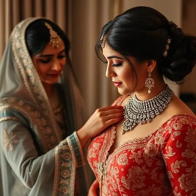 Jewelry being put on last over a beautiful outfit