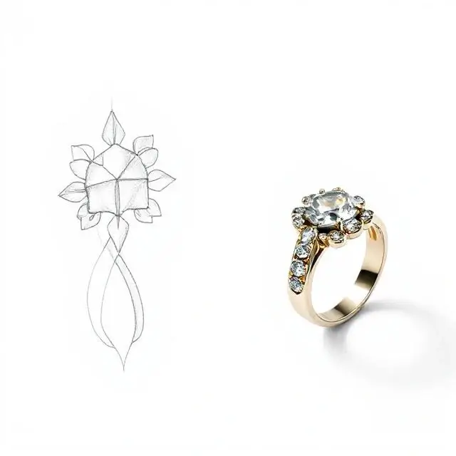 A jewelry design sketch next to a finished ring