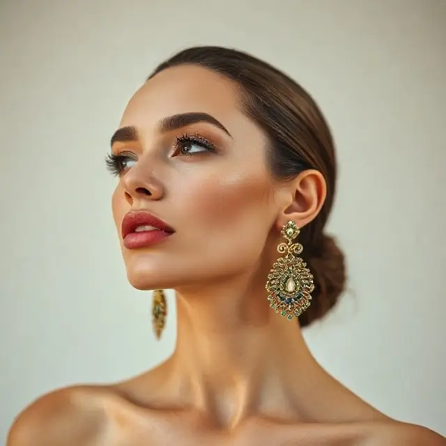 Model wearing statement earrings