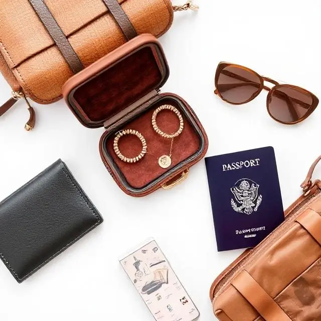 A flat-lay of travel essentials including a jewelry case and passport.